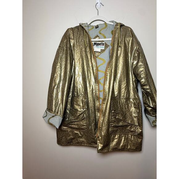 Vintage Wippette Gold Metallic Hooded Raincoat Women's L Retro 80s/90s Zip - Picture 1 of 11